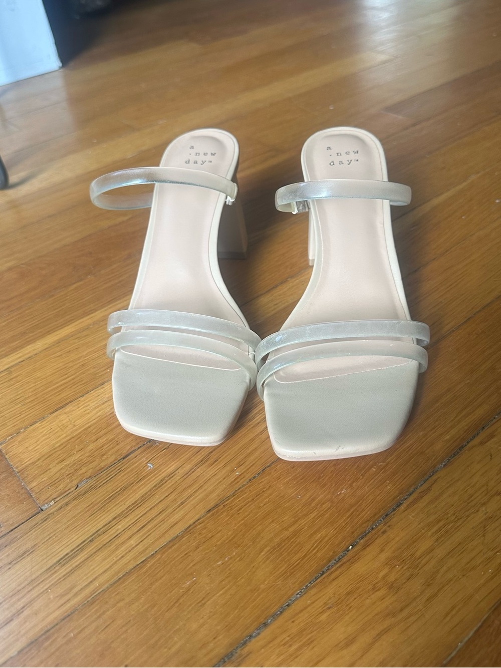 Cream Strappy Square-Toe Block Heel Sandals